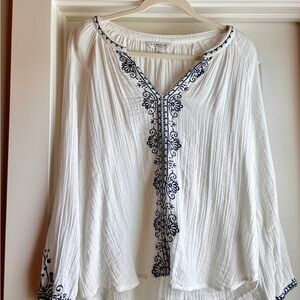 EUC! LIVERPOOL Sz M Long Sleeve Embroidered Double Gauze Woven Top